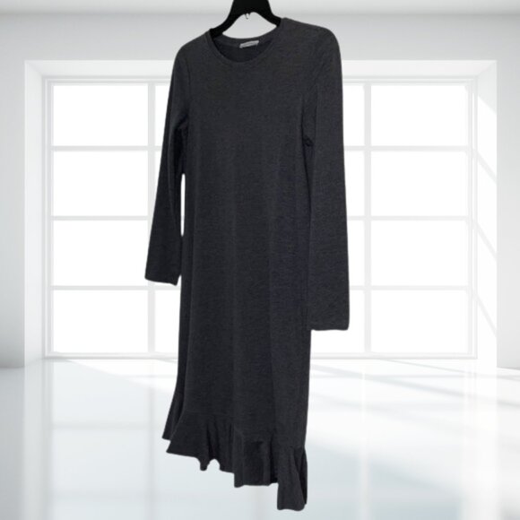 Zara Trafaluc Gray Long Sleeve Ruffle Hem Shift Dress | Cotton Blend Casual Comf - Picture 4 of 10